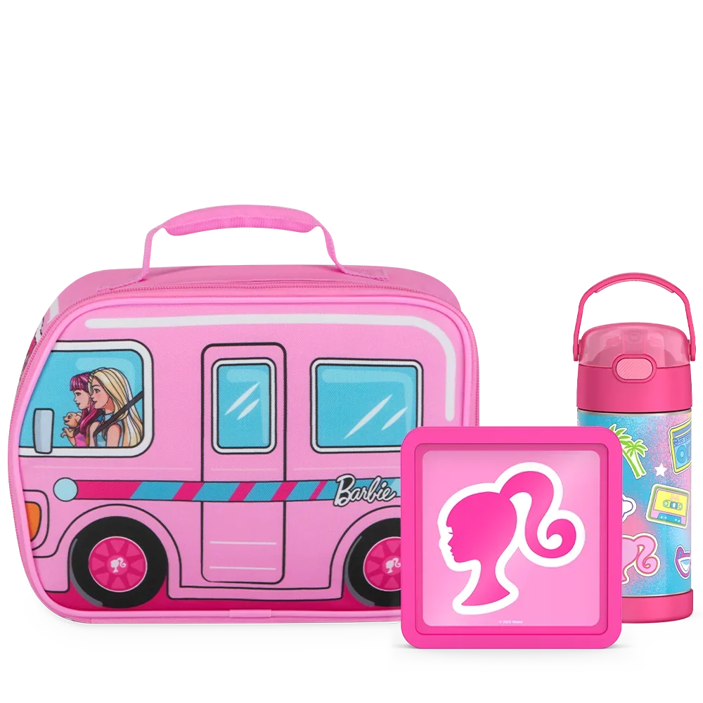 Barbie Bundle - Novelty Barbie Camper Lunch Box, 12oz. FUNtainer Water Bottle and Hard Ice