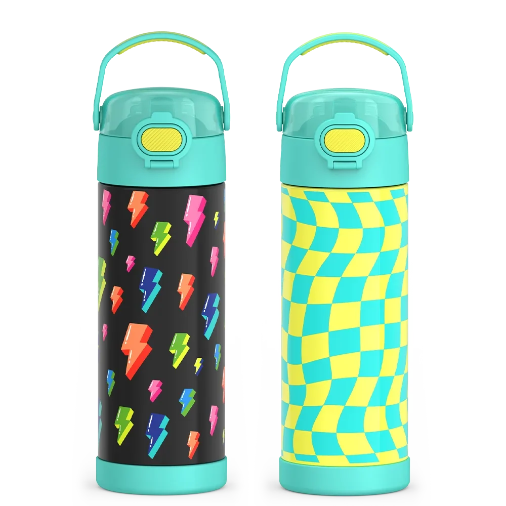 16oz FUNtainer® Water Bottles with Locking Lids Lightning Bolt & Wavy Checkers Teal Bundle