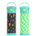 16oz FUNtainer® Water Bottles with Locking Lids Lightning Bolt & Wavy Checkers Teal Bundle